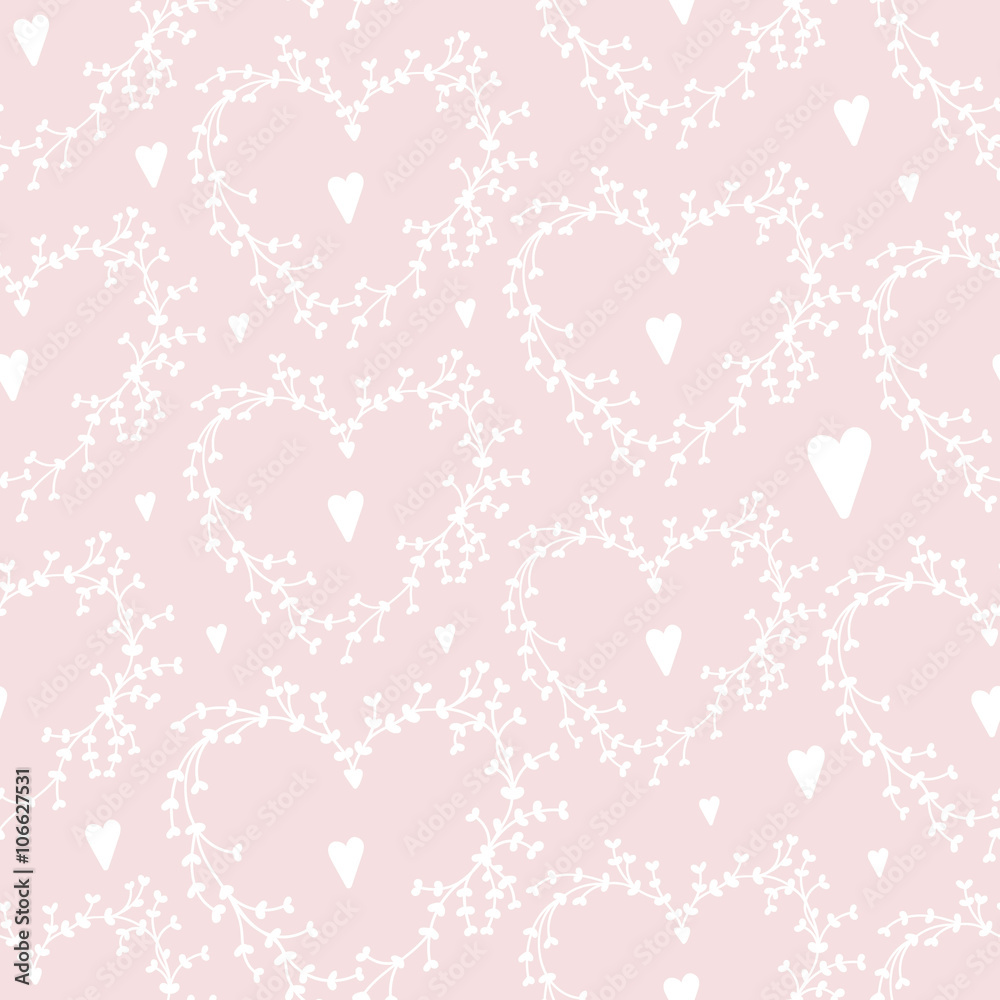 Vector hand drawn seamless pattern with wreathes and hearts, Good for Valentine's Day cards, wedding invitations, etc.