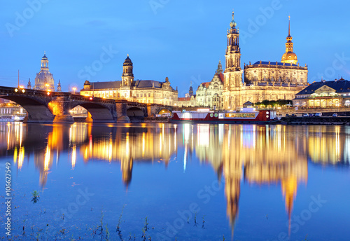 Dresden. Germany, during twilight blue hour with reflection of t