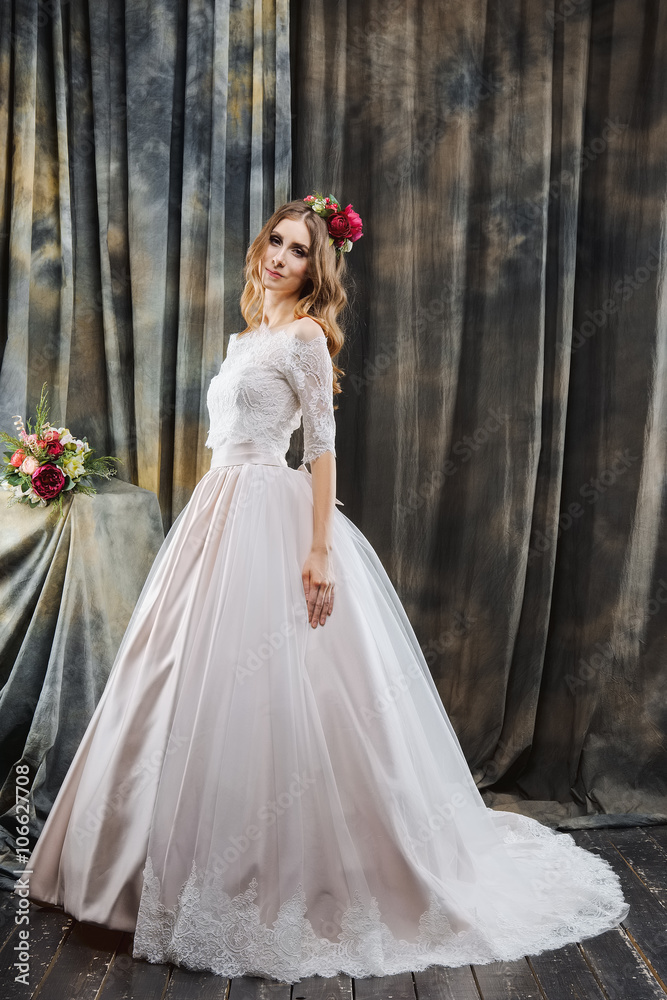 pretty bride in wedding dress and flowers in hair pretty bride in wedding dress and flowers in hair