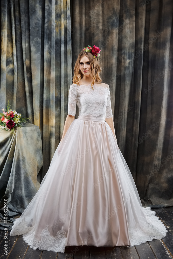 pretty bride in wedding dress and flowers in hair pretty bride in wedding dress and flowers in hair