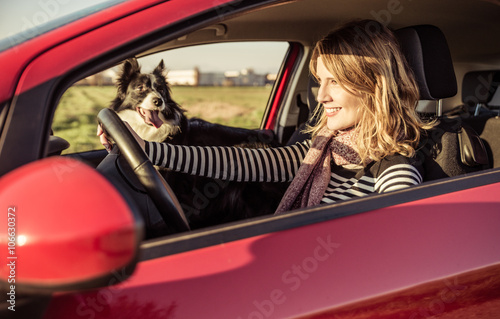 Happy woman driving the car with her border collie dog © oneinchpunch