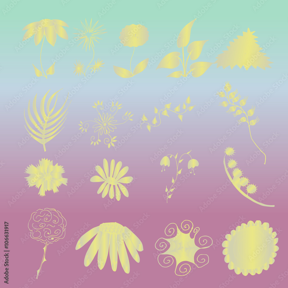 vector illustration with set of golden floral elements