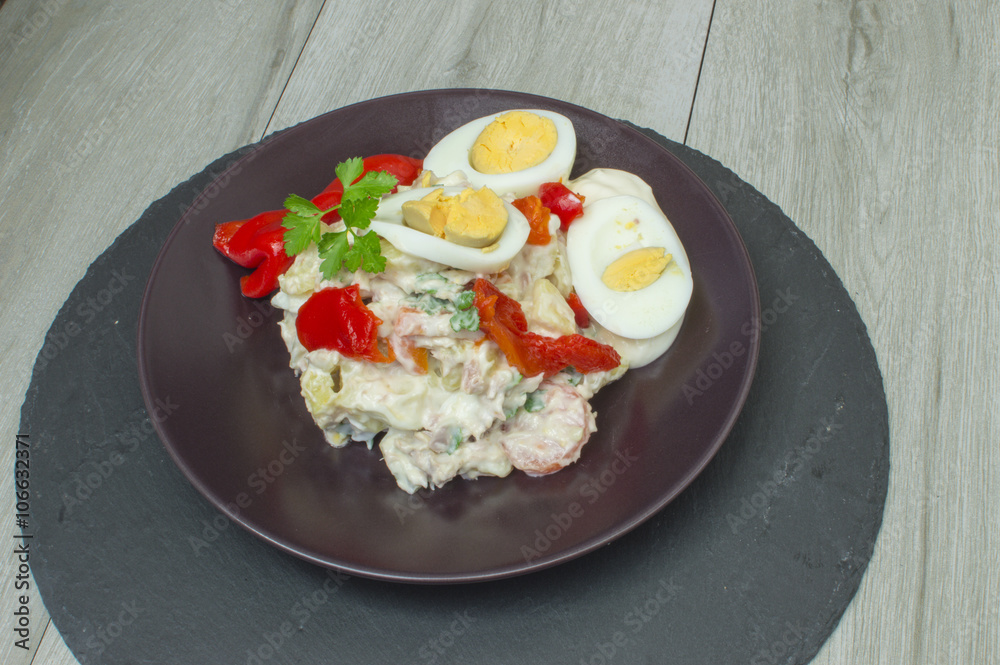 plato de ensaladilla,comida casera real totalmente natural y comestible. plato de ensaladilla,comida casera real totalmente natural y comestible.