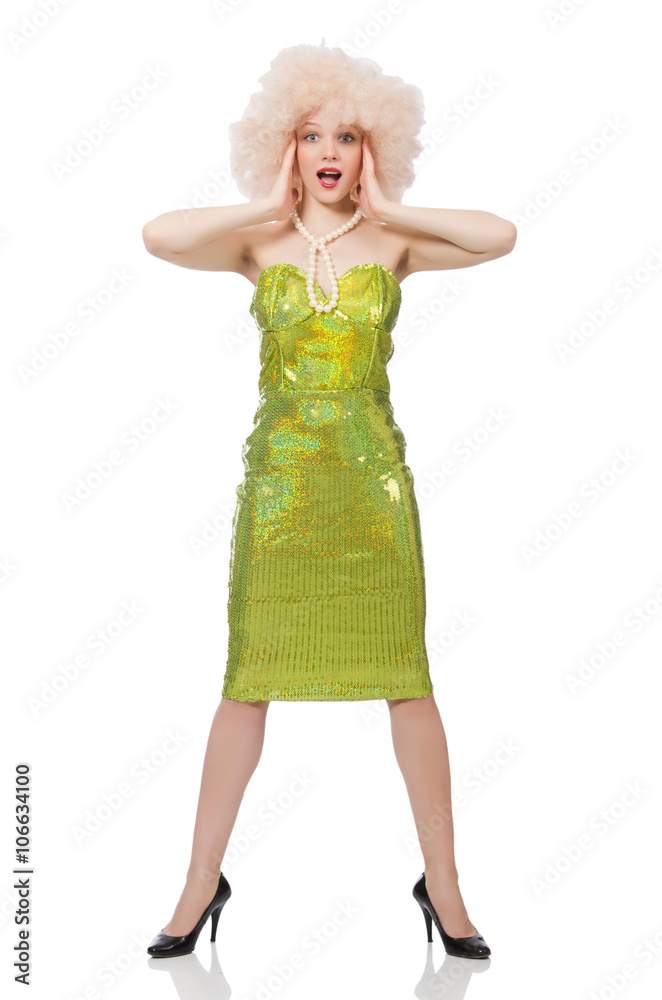 Woman wearing curly fair wig isolated on white Woman wearing curly fair wig isolated on white