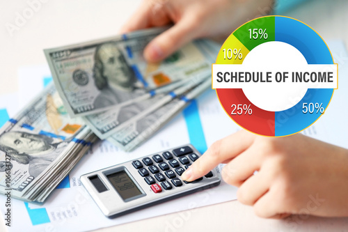 Business accounting concept. Woman counting money and working on calculator at the table