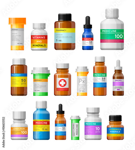 Set of medicine bottles with labels