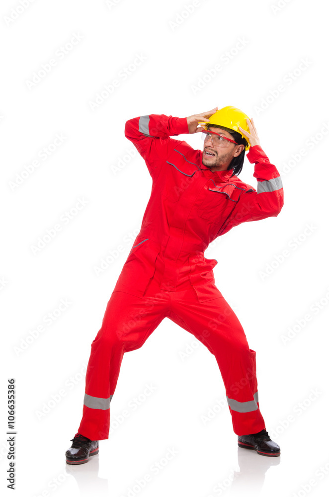 Man wearing red coveralls isolated on white Man wearing red coveralls isolated on white