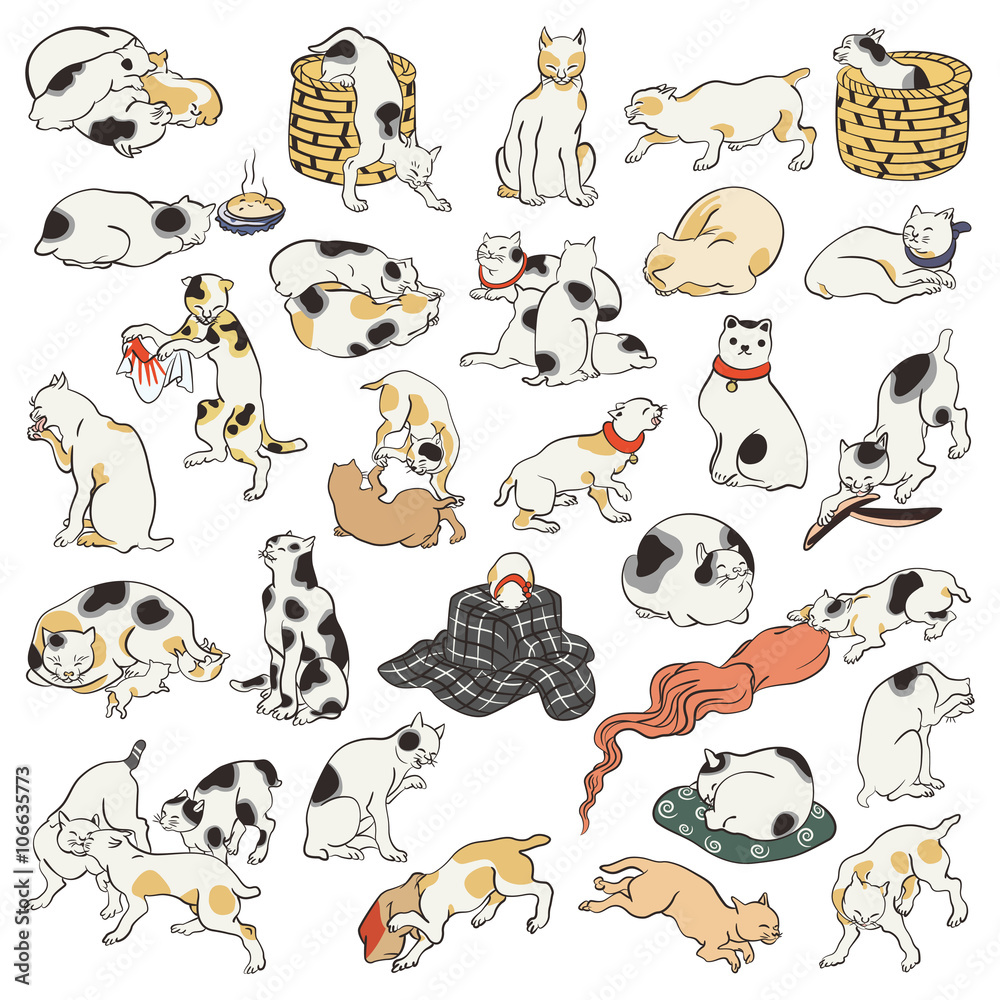 歌川国芳 其まま地口猫飼好五十三疋のイメージイラスト Stock Vector Adobe Stock