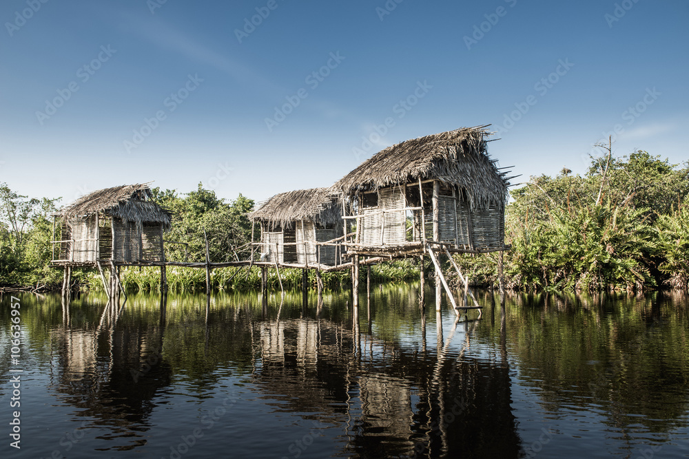 Thatch houses built over rural lake Thatch houses built over rural lake