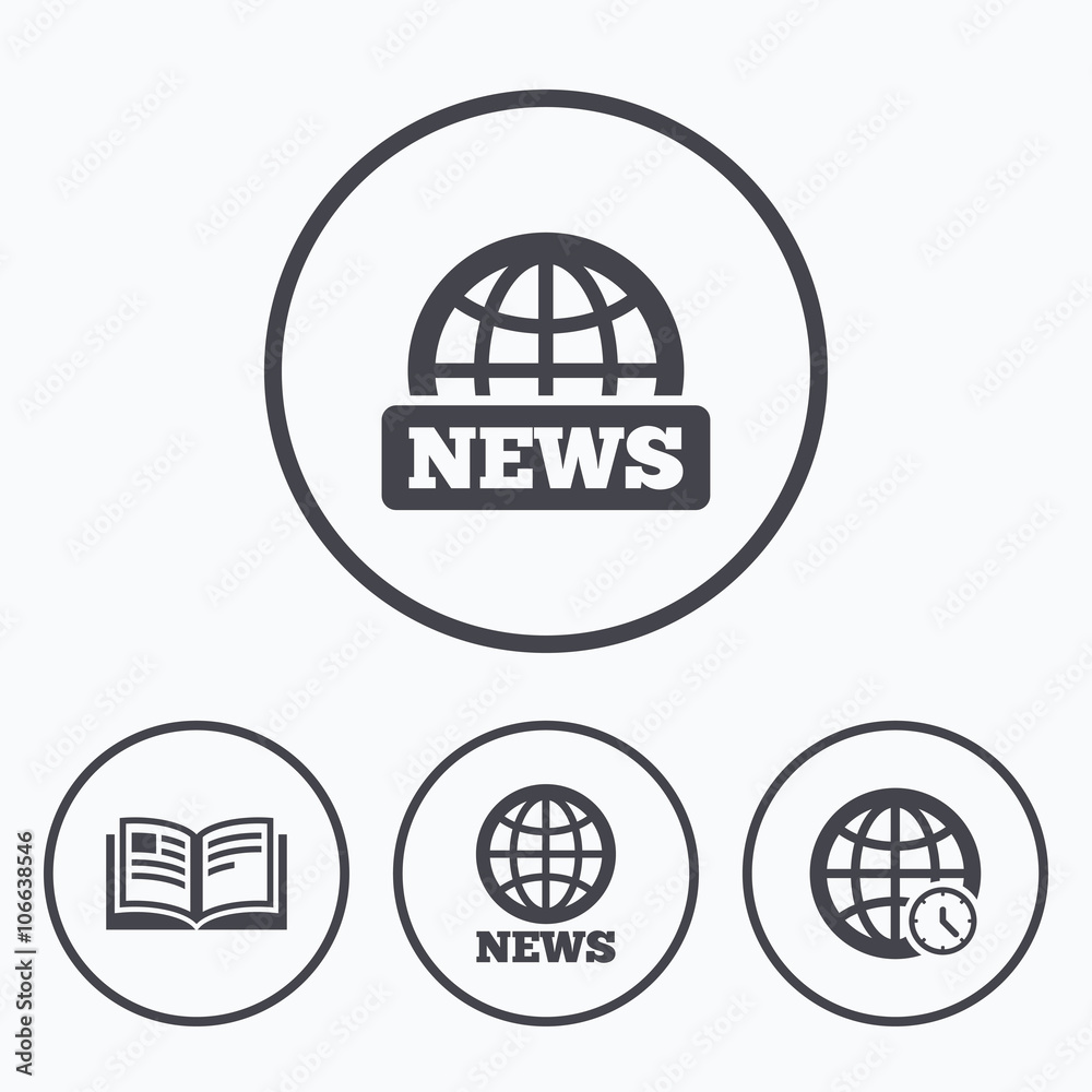 News icons. World globe symbols. Book sign. News icons. World globe symbols. Book sign.