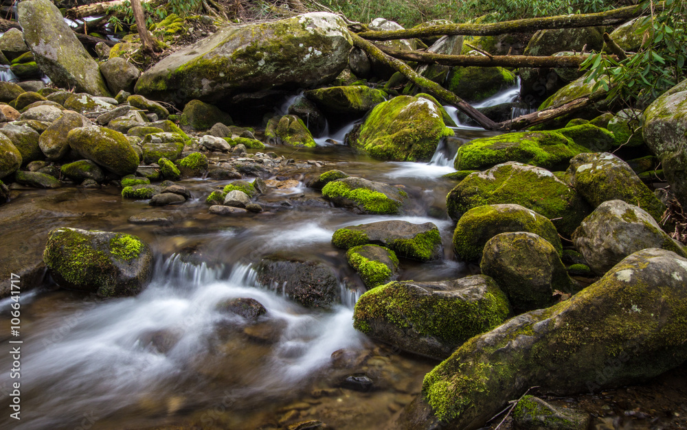 Great Smoky Mountain Stream. Stream flows through the wilderness of the America's most popular national park in the Great Smoky Mountains in Gatlinburg, Tennessee. Great Smoky Mountain Stream. Stream flows through the wilderness of the America's most popular national park in the Great Smoky Mountains in Gatlinburg, Tennessee.