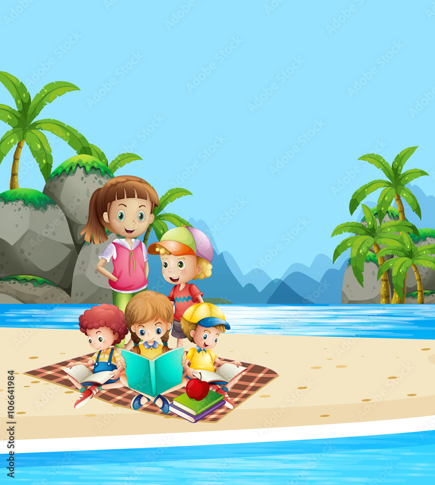 Children reading books on the beach Children reading books on the beach