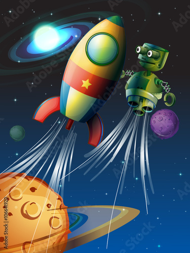 Rocket and robot flying in the space