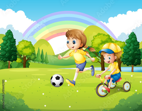 Boy and girl exercising in the park