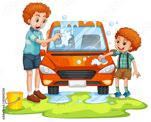 Father and son washing car