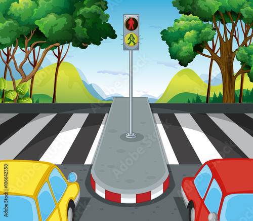 Road scene with zebra crossing and cars