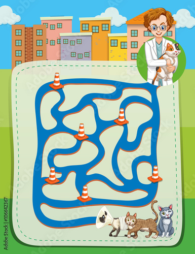 Maze design with vet and kittens