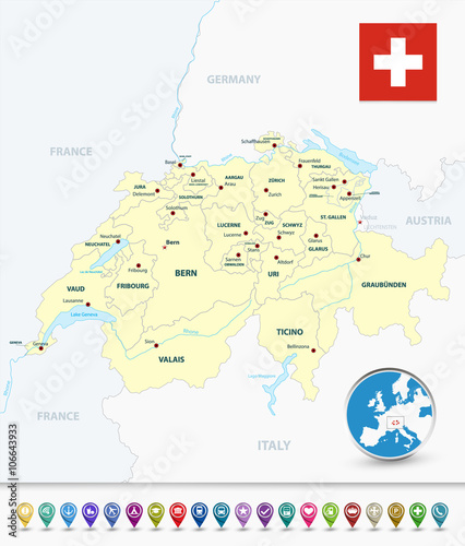 Switzerland outline map with bubble map markers