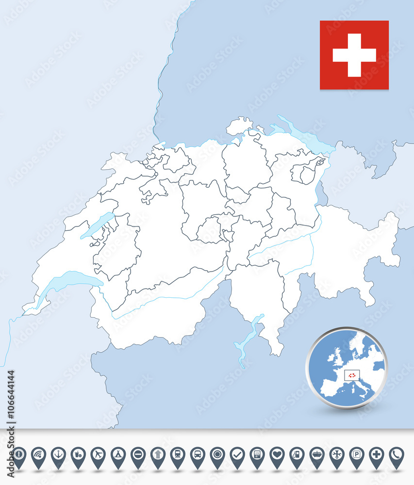 Obraz premium Switzerland outline map with map markers
