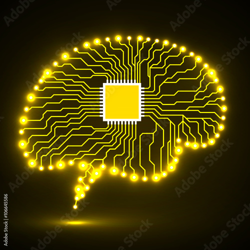 Neon brain. Cpu. Circuit board. Abstract technology background