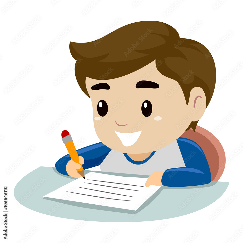 Vector Illustration of a Little Boy writing on a piece of paper