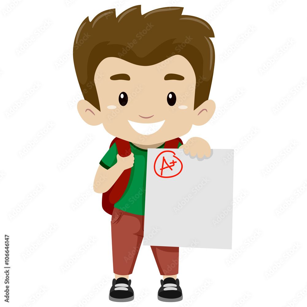 Vector Illustration of a Boy showing his A plus Exam Vector Illustration of a Boy showing his A plus Exam