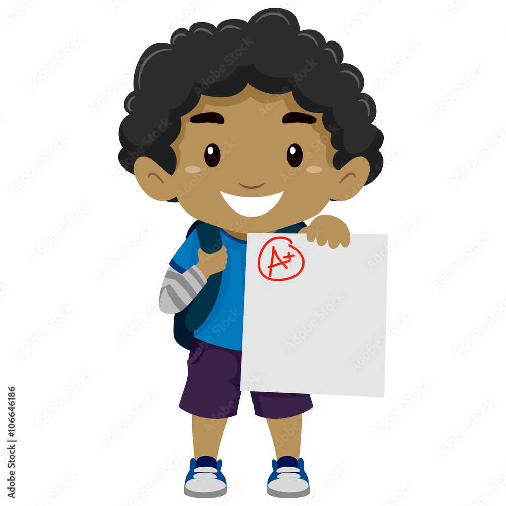 Vector Illustration of a Black Boy showing his A plus Exam Vector Illustration of a Black Boy showing his A plus Exam