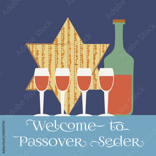 Happy Passover poster, card. Matzah bread, wine for Passover, Pesach celebration. Idea for card with kosher matzoh, decoration, invitation for pesach festival seder dinner. Vector illustration.