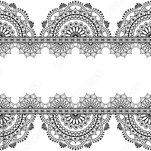 Seamless pattern mehndi Indian borders with mirrored flowers and geometric elements for tattoo.