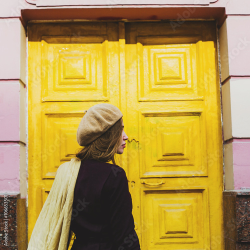 beautiful girl walking around the city