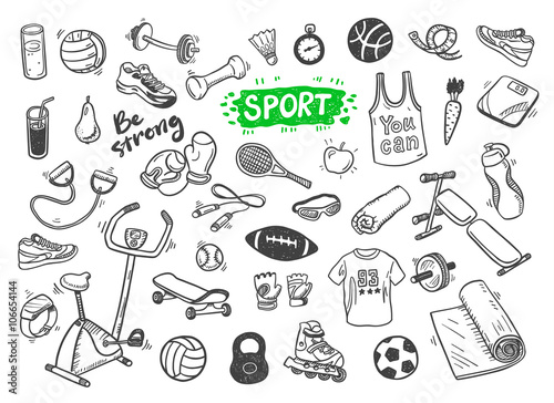 Hand drawn vector illustration set of fitness and sport sign and symbol doodles elements.