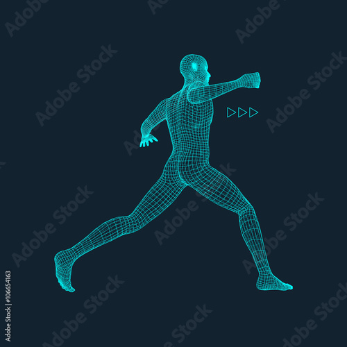 Fighting Man. 3D Model of Man. Polygonal Design. Business  Science and Technology Vector Illustration. 3d Polygonal Covering Skin. Human Polygon Body. Human Body Wire Model.