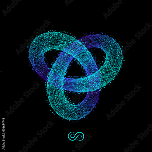 Trefoil Knot. Vector 3D Illustration.  Illustration Consisting of Points. 3D Grid Design. Object with Dots. Geometric Shape for Design. Molecular grid. 3D Technology Style with Particle. photo