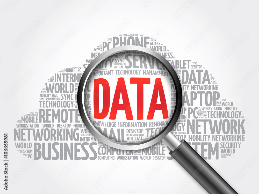 DATA word cloud with magnifying glass, business concept DATA word cloud with magnifying glass, business concept