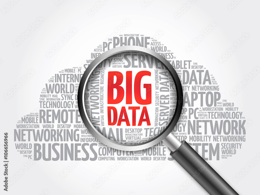Big Data word cloud with magnifying glass, business concept Big Data word cloud with magnifying glass, business concept
