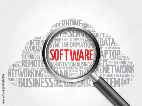 Software word cloud with magnifying glass, business concept