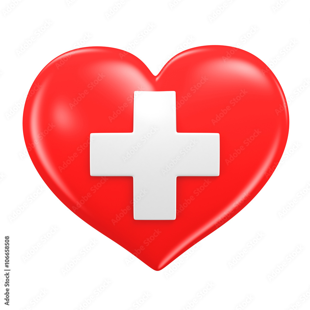 3d illustration. Big red heart with a white cross. Isolated on w 3d illustration. Big red heart with a white cross. Isolated on w