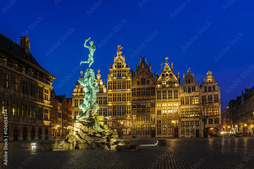 Guildhouses in Grote Markt (Big Market Square) in the old town  of Antwerp, Belgium at twilight