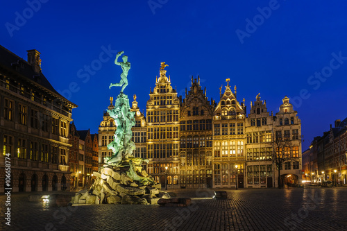 Guildhouses in Grote Markt (Big Market Square) in the old town of Antwerp, Belgium at twilight