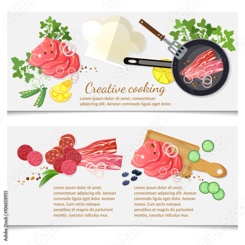 Cooking food banner top view meat and vegetables