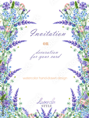 Template postcard with the floral design; watercolor floral elements of the lavender, cornflower, forget-me-not and eustoma flowers © nastyasklyarova