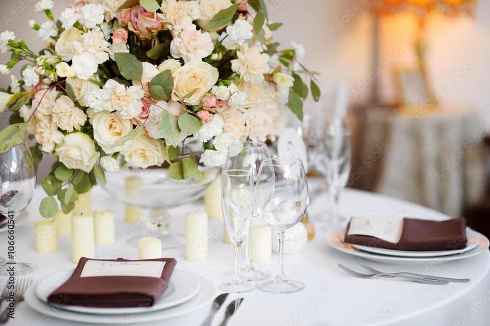 Beautiful table set for some festive event or wedding reception Beautiful table set for some festive event or wedding reception
