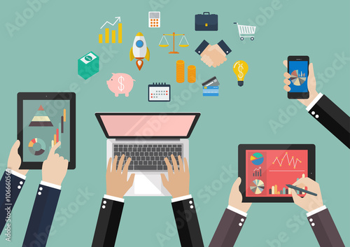 Hands hold device electronics gadget with flat icon