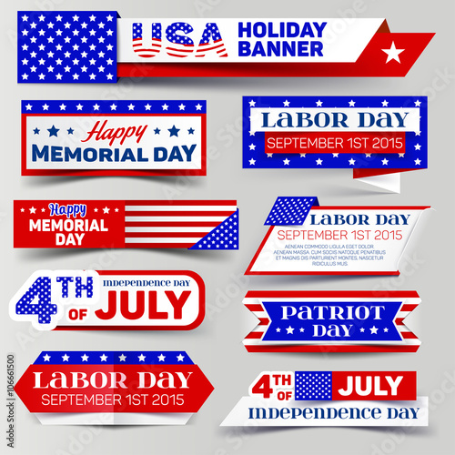 Set of USA holiday banner. 4th of July, Memorial day, Labor day,