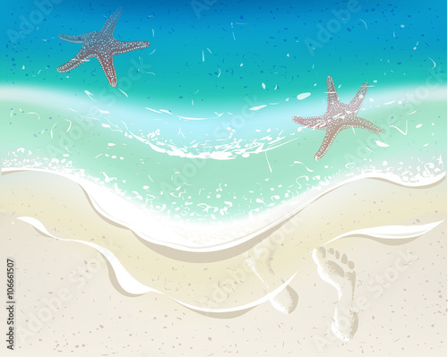 Sea wave on a tropical beach. Footprints on sand. Starfishes in