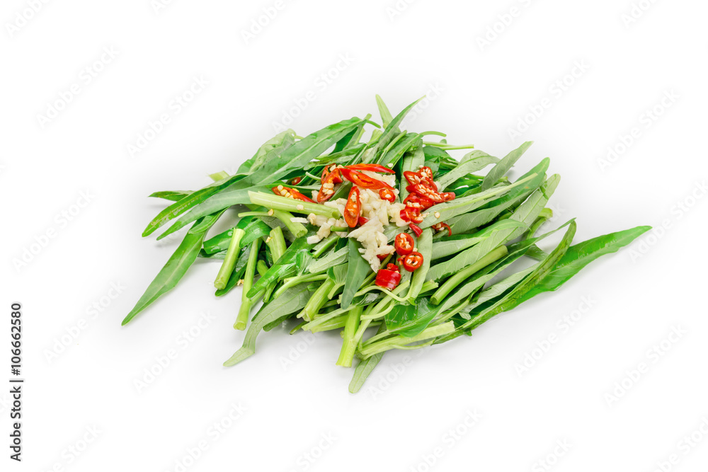 morning glory with garlic and chili on white background