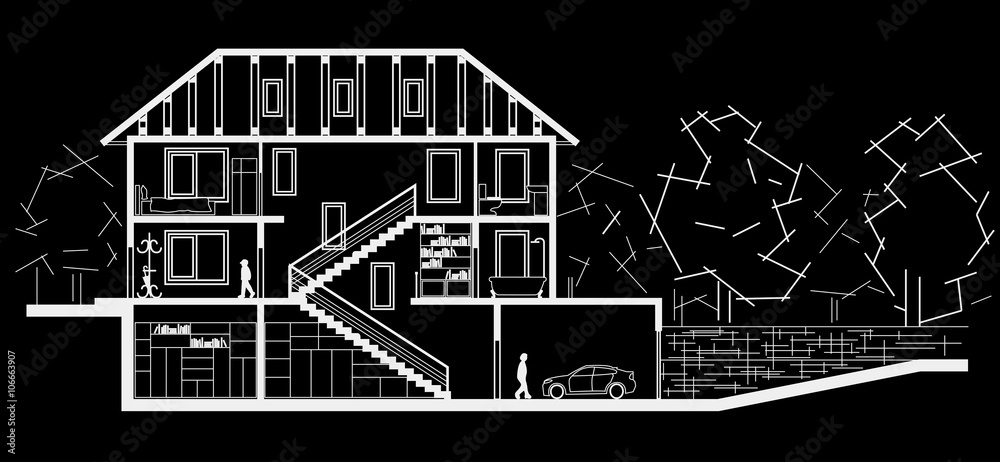 Architectural linear sketch tree level house. Sectional drawing on black  background Stock Vector