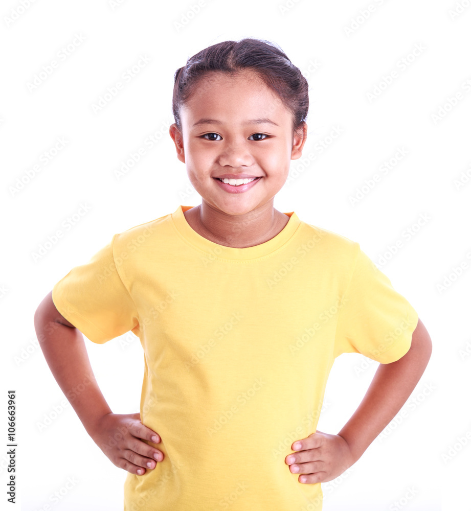 Portrait of young Asian girl with arms akimbo isolated on white