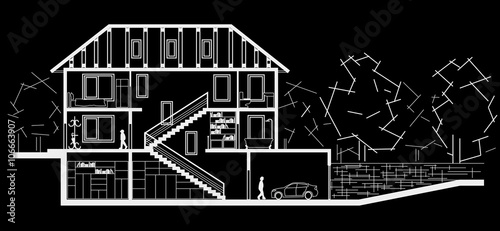 Architectural linear sketch tree level house. Sectional drawing on black background
