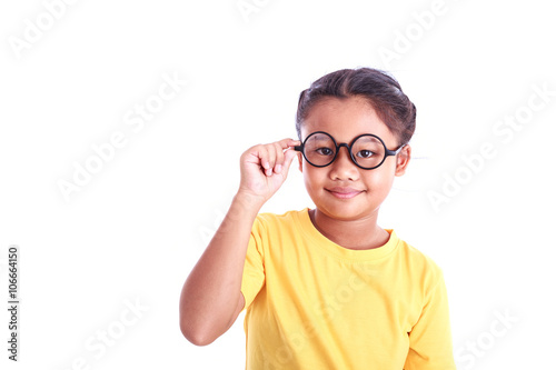 Portrait of young Asian girl wear glasses isolated on white